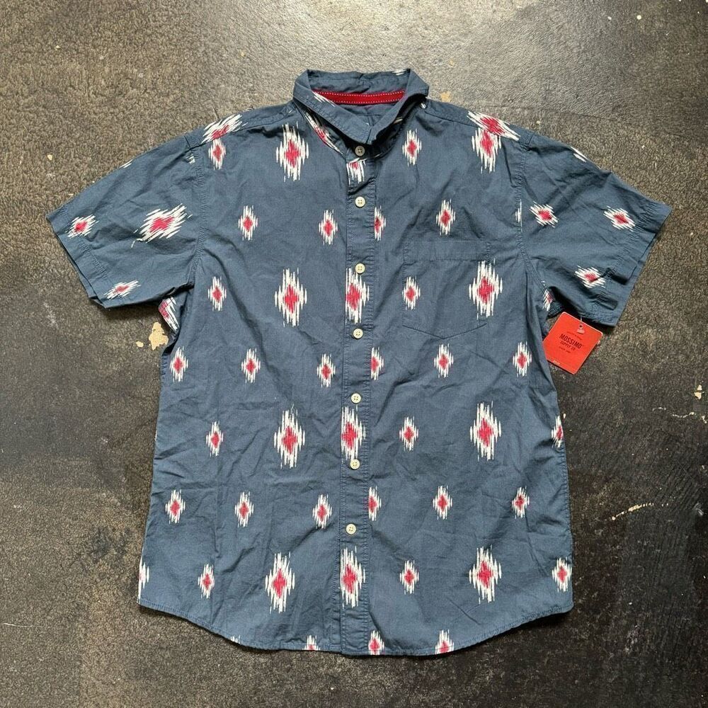 NWT Mossimo Blue Tribal Print Button Up Shirt Men’s Size Large Athletic Fit